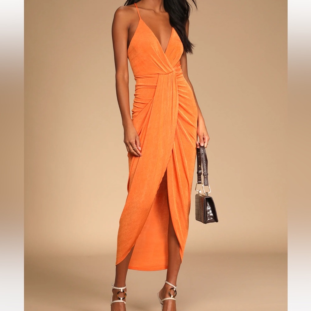 Lulus Dreamy Date Orange Surplice Midi Dress